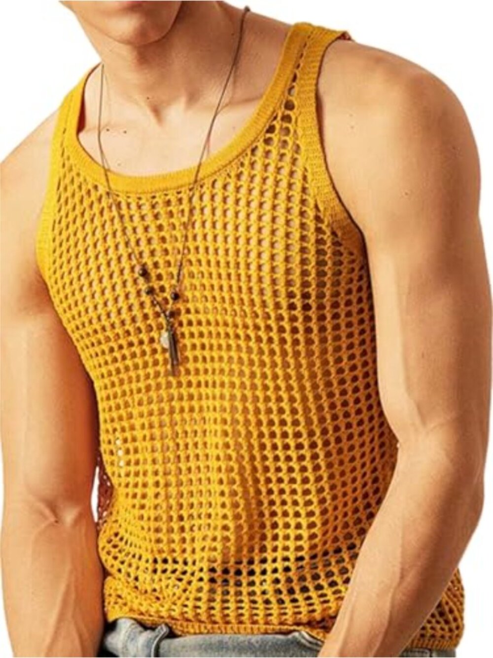 Men's Crochet Sweater Vest Hollow Out Loose Knit Sleeveless Crew Neck Tank
